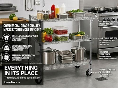 헤비 듀티 3단 이동식 주방 카트(바퀴 포함), 대형  - Commercial Kitchen On Wheels 리뷰 및 가격