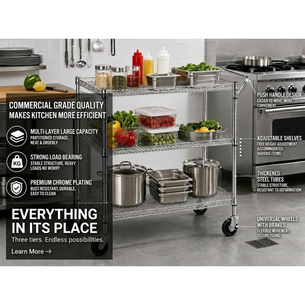 헤비 듀티 3단 이동식 주방 카트(바퀴 포함), 대형  - Commercial Kitchen On Wheels 리뷰 및 가격
